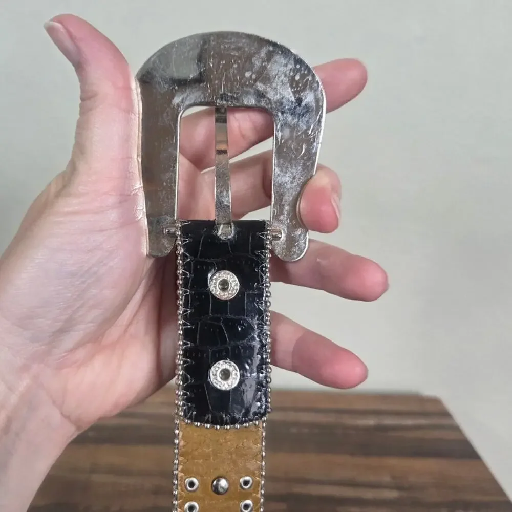 Rhinestone Woman's Bling Cross Black Western Belt Silver Buckle